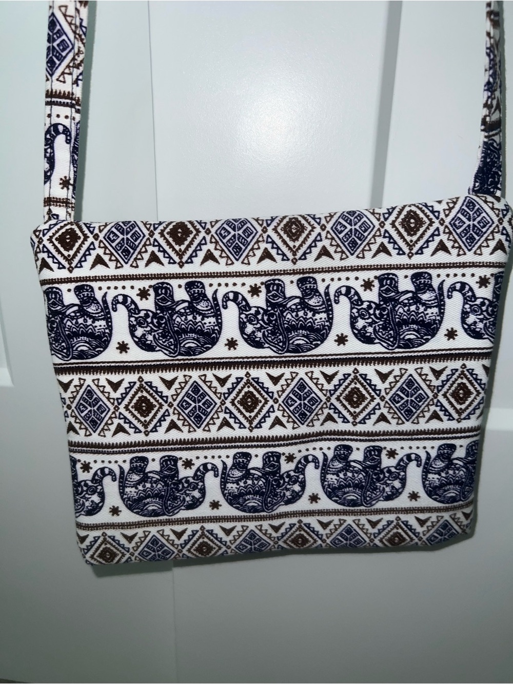 Source Unknown Blue and Brown Elephant Pattern Crossbody Bag